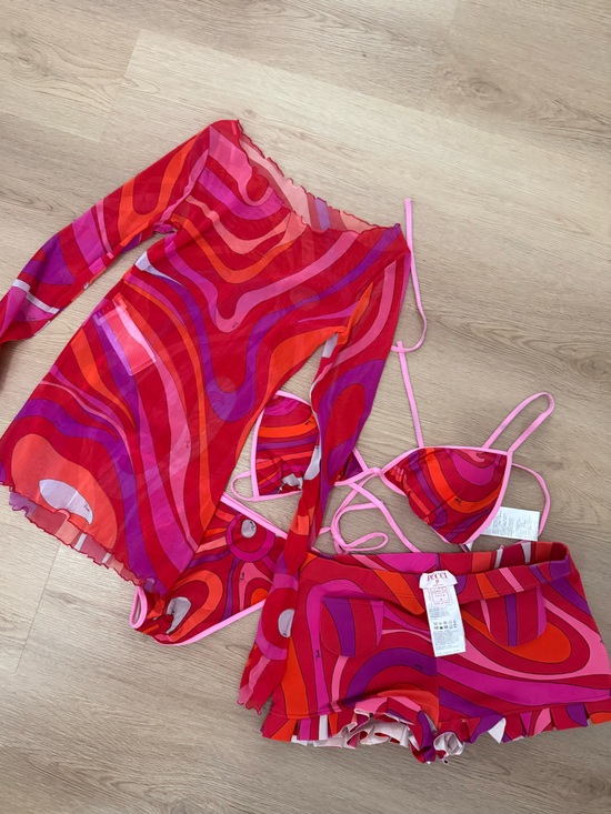 Emilio Pucci Other - Emilio Pucci Pink Red Orange Swirl Bikini Set with Mesh Cover-Up and shorts - M